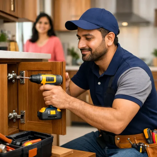 Professional carpenter repairing kitchen cabinet at home in Rohini Delhi with modern tools